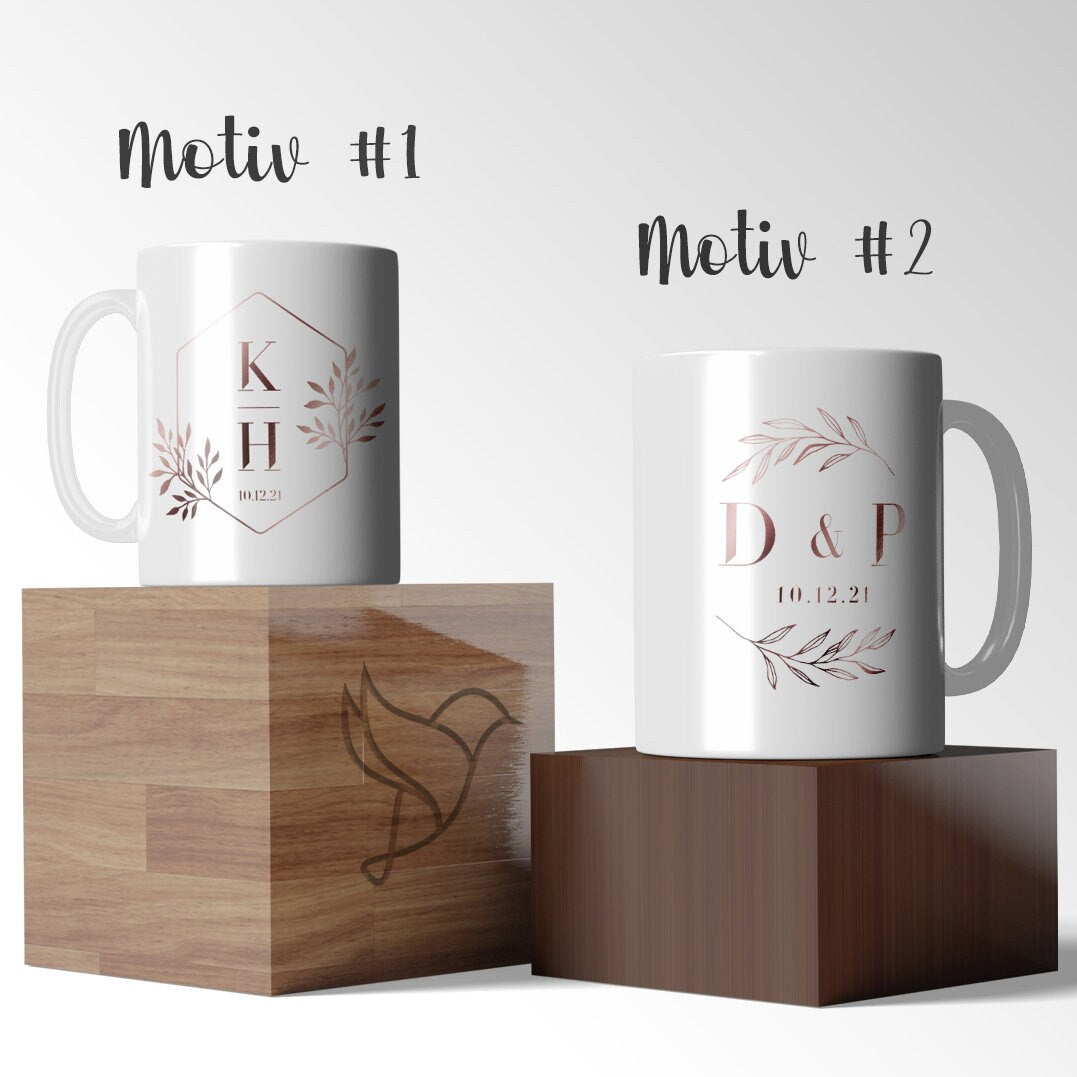 individuelle Tasse Kaffeebecher Keramiktasse Hochzeit, Heirat, Jahrestag mit Initialen und Datum personalisiert