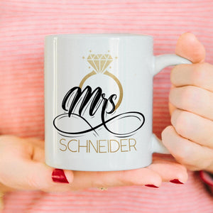 Hochzeit Tasse personalisierter Kaffeebecher Keramiktasse mit Mrs-Aufdruck Hochzeitsgeschenk, spülmaschinenfest, 11oz