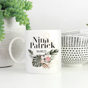 individuelle Tasse Kaffeebecher Keramiktasse Hochzeit, Heirat, Jahrestag mit Namen und Datum personalisiert