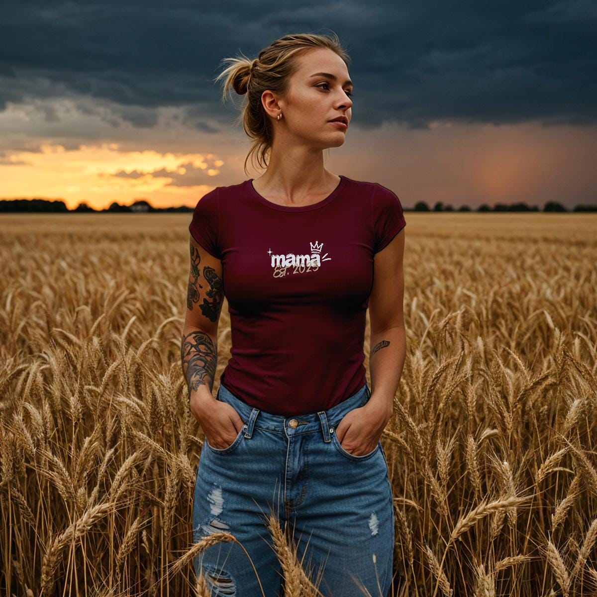 Personalisiertes Mama T-Shirt mit Namen der Kinder und Wunschjahr in bordeaux – Individuelles Geschenk für Mütter zum Muttertag